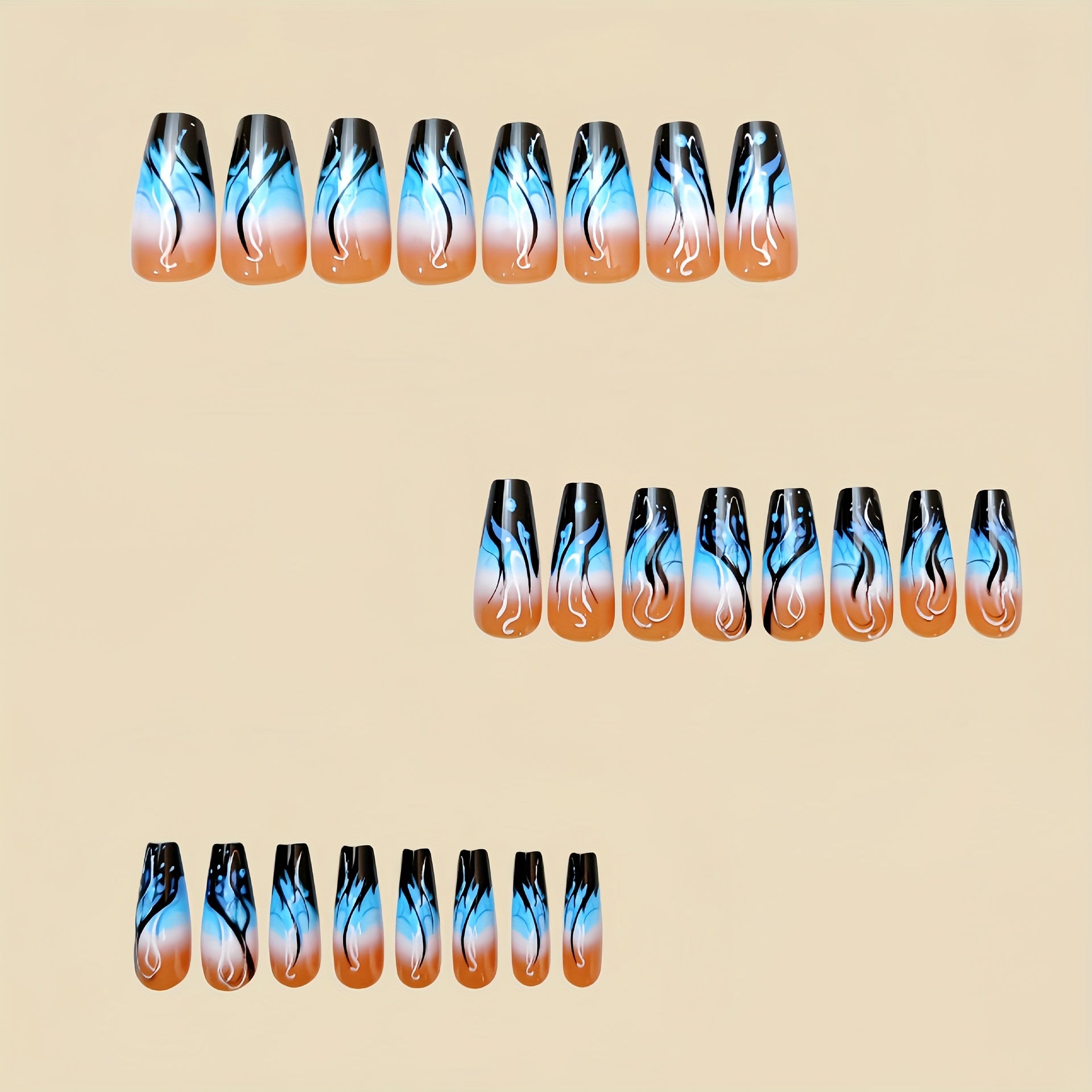 24pcs Bright Blue Gradient Flame Press-on Nails - Ballet Shape, Medium Length, Flame Design, Removable - Perfect Spring/Summer Fashion Choice